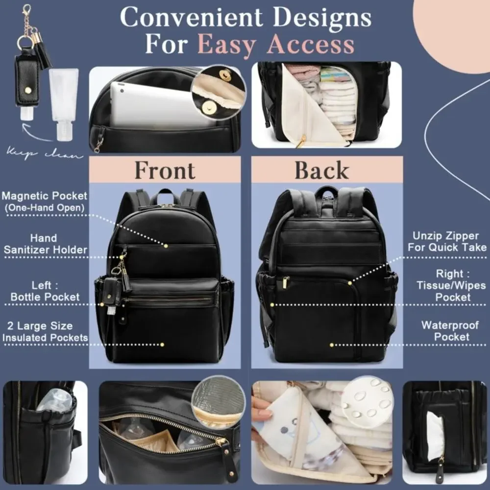 miss fong Diaper Bag Backpack Leather Diaper Bag, Baby Diaper Bag (Black)